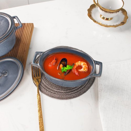 Ceramic Mini Oval Cocotte Set - 10 Oz Small Casserole Dishes with Lids | Set of 2, Blue, Oven & Microwave Safe