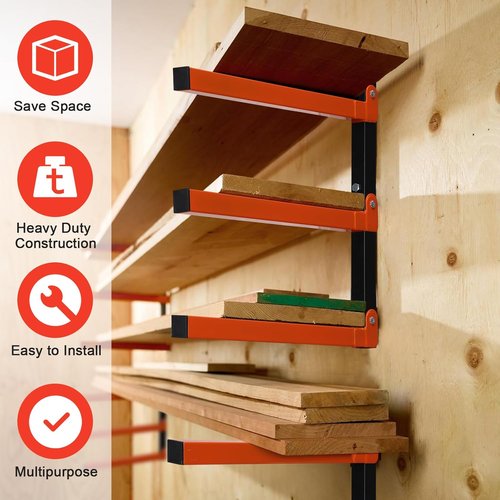 Metal Lumber Rack by [Brand Name] - Wall-Mounted Wood Storage Organizer | 3 Levers, Indoor/Outdoor Use, Orange (2 Pack)