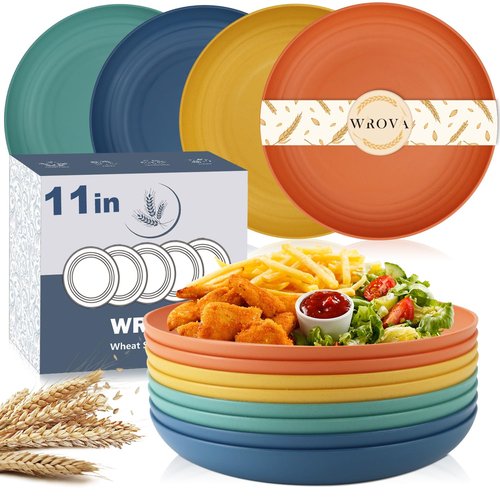 Wrova Large Wheat Straw Dinner Plates - 11 Inch Unbreakable Big Set of 8 - Dishwasher & Microwave Safe Plastic Plates - Deep Edge for Kitchen & Camping (Colorful)