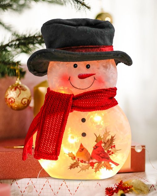 Bdor 11-Inch Glass Snowman Decoration - Light-Up Holiday Ornament with Cardinals & Red Scarf | Indoor Winter Décor