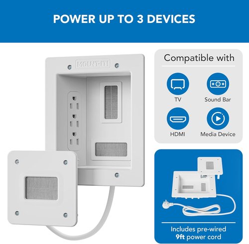 Mount-It! In-Wall TV Cable Concealer Kit - Triple Outlet, 9ft Cord & Hand Saw for Safe Cable Management