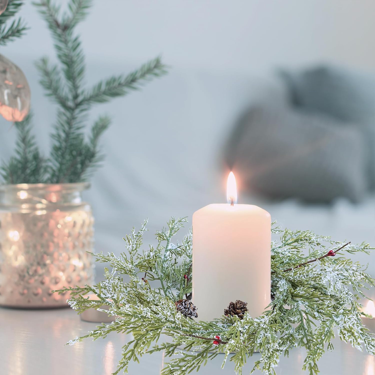 Winlyn Artificial Snowy Cedar Pine Candle Rings - 4 Pcs Winter Wreaths with Pine Cones & Red Berries | 15.7" Wide for Holiday Décor