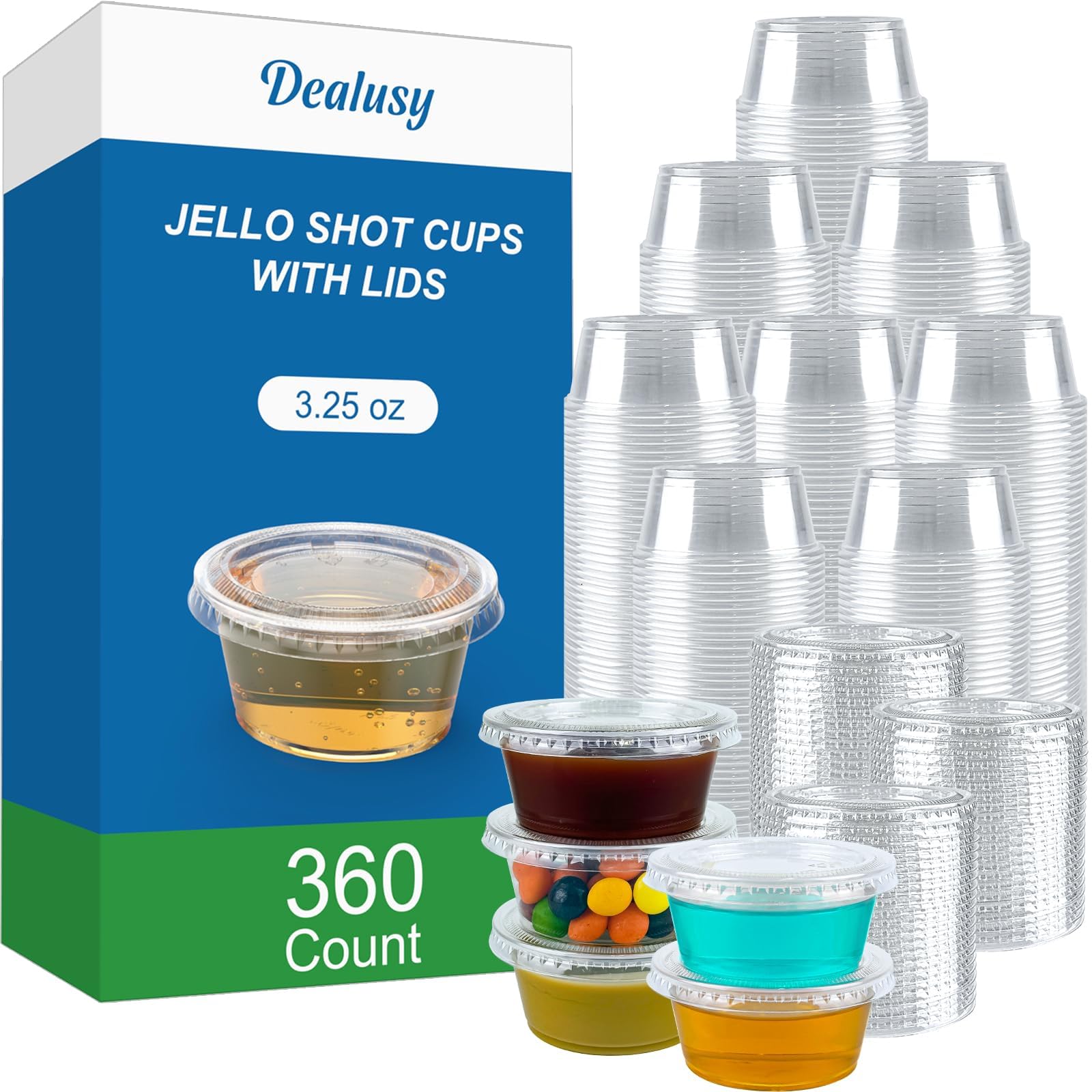 Dealusy 360 Set 3.25 oz Jello Shot Cups with Lids, Sturdy & Food Safe Disposable Plastic Portion Condiment Dipping Sauce Cups, Small Containers for Salad Dressing