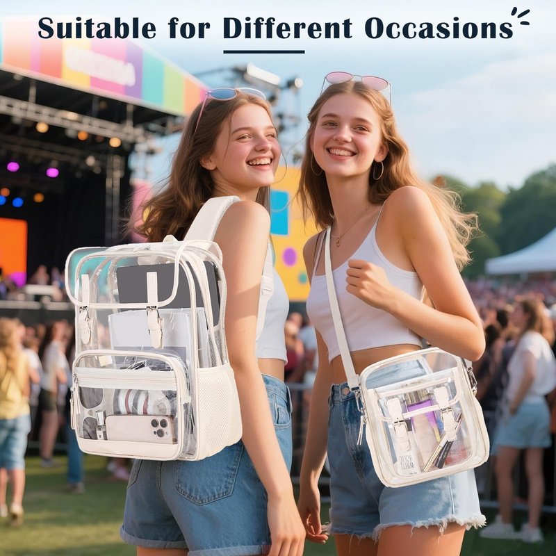 ACESAK Clear Backpack Heavy Duty Thick - Clear Bookbag with Lunch Bag Set for School See Through PVC Transparent Backpacks for College Travel Work Girls Women (Beige)