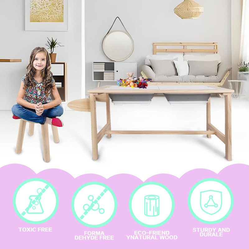 QEKMSY Kids Sensory Bins Table with 2 Stool, Multifunctional Children Interactive Activity Wooden Table Set for 1-3 Years, Drawing Table Play Sand & Water with Storage Bins Lid