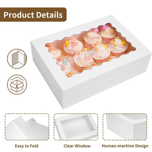 Moretoes 10pcs 14x10x4in Sheet Cake Boxes White Rectangle Bakery Boxes with Window, for Cake Pastry Baking Donuts Cupcake Pie Packaging