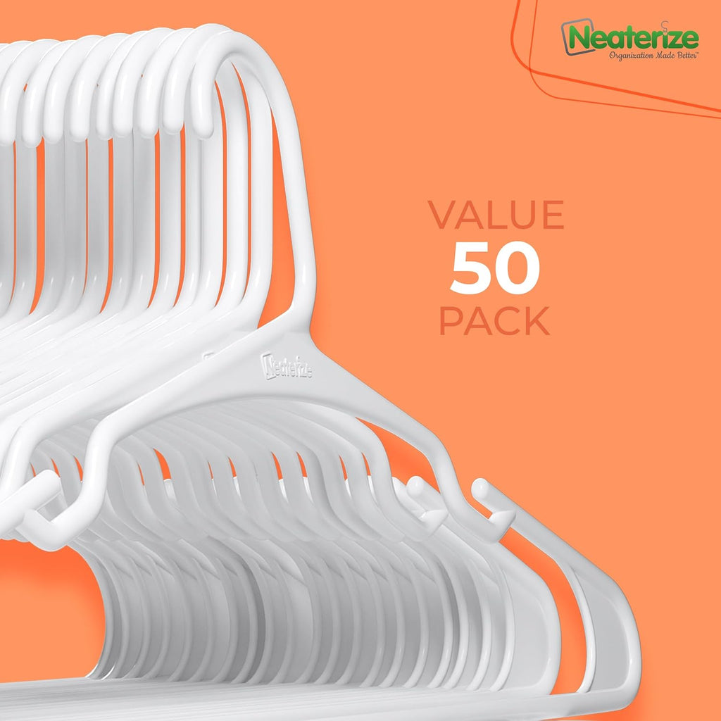 Neaterize Clothes Hangers - Space-Saving Plastic Hangers for Adults | 50-Pack in White