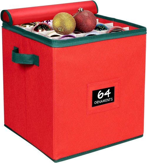 HOLDN’ STORAGE Christmas Ornament Storage Box - Holds Up to 64 Ornaments | Adjustable Red Container