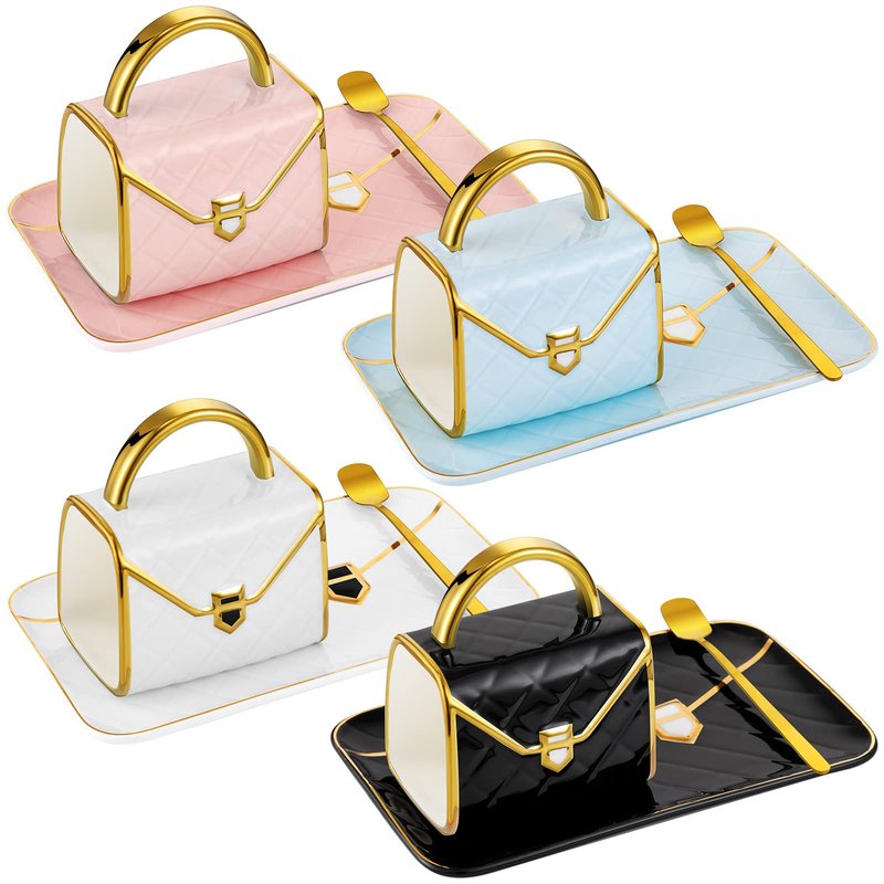 Sliner Handbag Coffee Mug Set- 4 Sets Handbag Coffee Mug with Saucer Spoon 10 Oz/ 310 ml - Cute Ceramic Creative Tea Cup for Women Girls Valentines Gift(Classic)