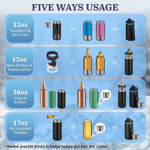 MAXSO 5-in-1 Insulated Can Cooler Fizz Soda Lid Drink Cover for 12oz & 16oz Regular, Slim Skinny Can, Beer Bottle & As Thermal Bottle, Vacuum Insulator Carbonated Cold Beverage Holder - Black