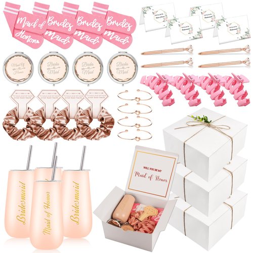 Mhoel Bridesmaid Proposal Gifts Set of 4 Wedding Gifts for Maid of Honor 6oz Champagne Flutes Tumbler Set of 4 Bridesmaid Propoal Sock,Bridal Proposal Gift Bachelorette Gifts for Maid of Honor