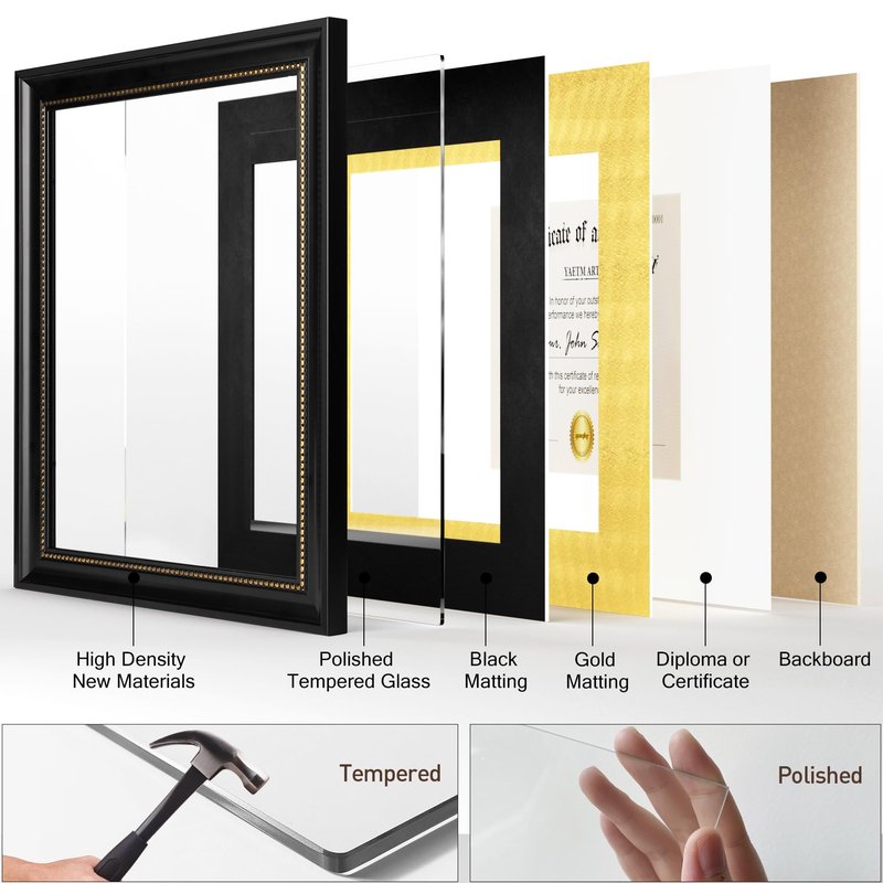 Yaetm 11x14 Diploma Frame, Certificate Frame with Tempered Glass, Display 8.5x11 Document with Black Over Gold Acid-free Mat, Degree Frames for Wall and Tabletop, Black with Gold Beads, 2 Pack
