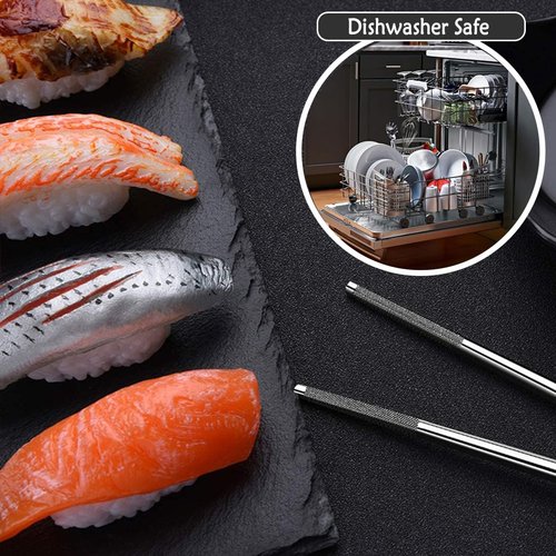 Metal Chopsticks 6 Pairs Stainless Steel Reusable Chopsticks Cute Laser Engraved Non-slip Korean Japanese ,18/8 Stainless steel Dishwasher Safe for Cooking Eating 9 1/4 Inches 6 Pairs