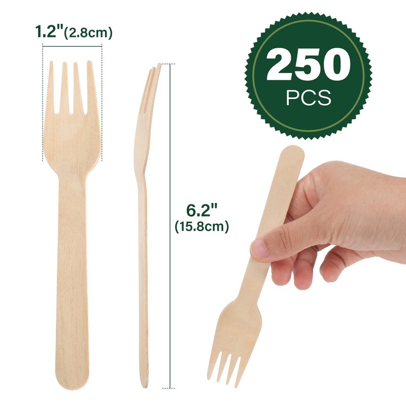 LotFancy Disposable Forks, 250 Pcs Wooden Forks, 6.2inch Compostable Biodegradable Eco-friendly Forks, Great for Dinner Camping Picnics, Party Supplies