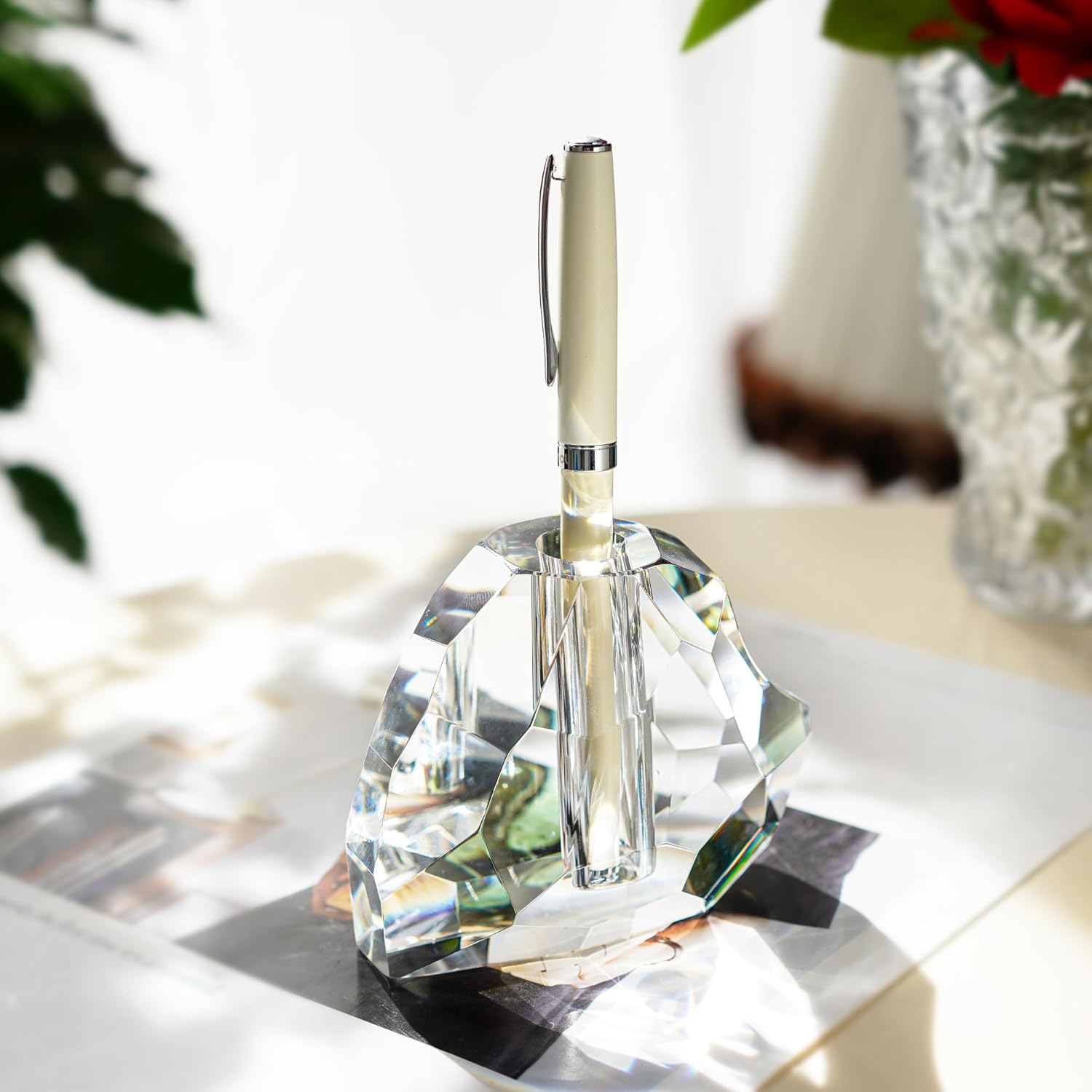QFkris Crystal Heart Shaped Pen Holder - Elegant Glass Feather Desk Organizer | 3.5" Decorative Stand for Office