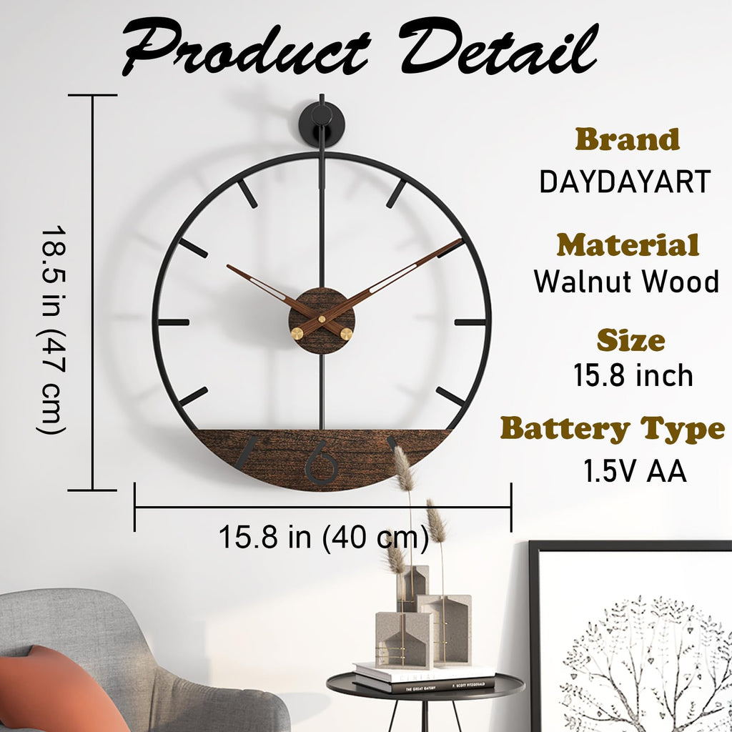 DAYDAYART Modern Wood Walnut Dial Wall Clock, Large Simple Wall Decor Metal Frame Silent Non Ticking Clock for Living Room Decor, Kitchen, Bedroom, Study Decoration, Handmade Home Gift Idea, 15.8 in