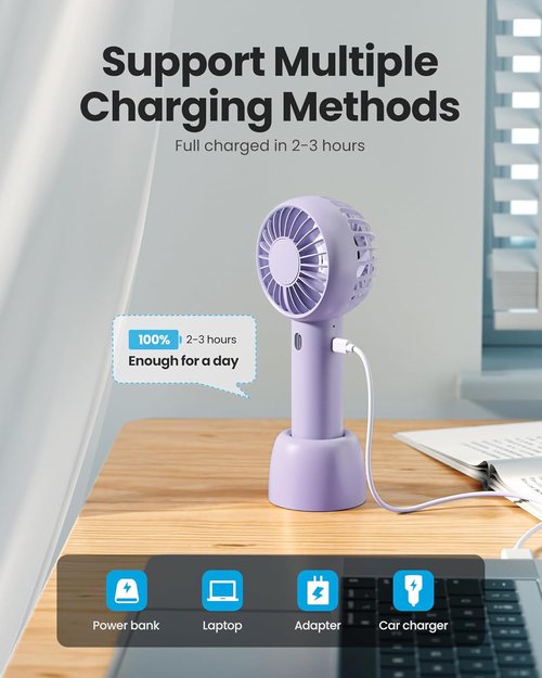 Gaiatop Mini Portable Fan - Powerful 3-Speed Handheld & Desktop Design | Lightweight USB Rechargeable, Purple