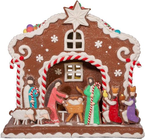 Kurt S. Adler 12.5-Inch Light-Up Nativity Gingerbread House | Battery-Operated Holiday Decor