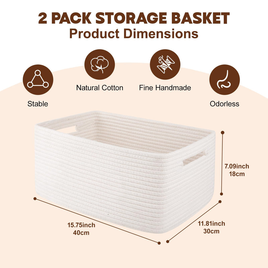 OIAHOMY Storage Basket for Shelves, Closet Cube Storage Bins Baskets for Clothes Blanket Towels, Baby Nursery, Toy Baskets Box, Woven Rope Basket, 15.75*11.81*7.09 IN, 2 Packs White