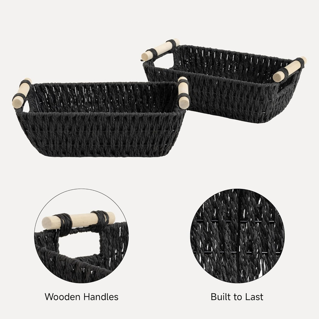 StorageWorks Wicker Storage Baskets - Small Organizing Baskets with Wooden Handles | 2-Pack, Black