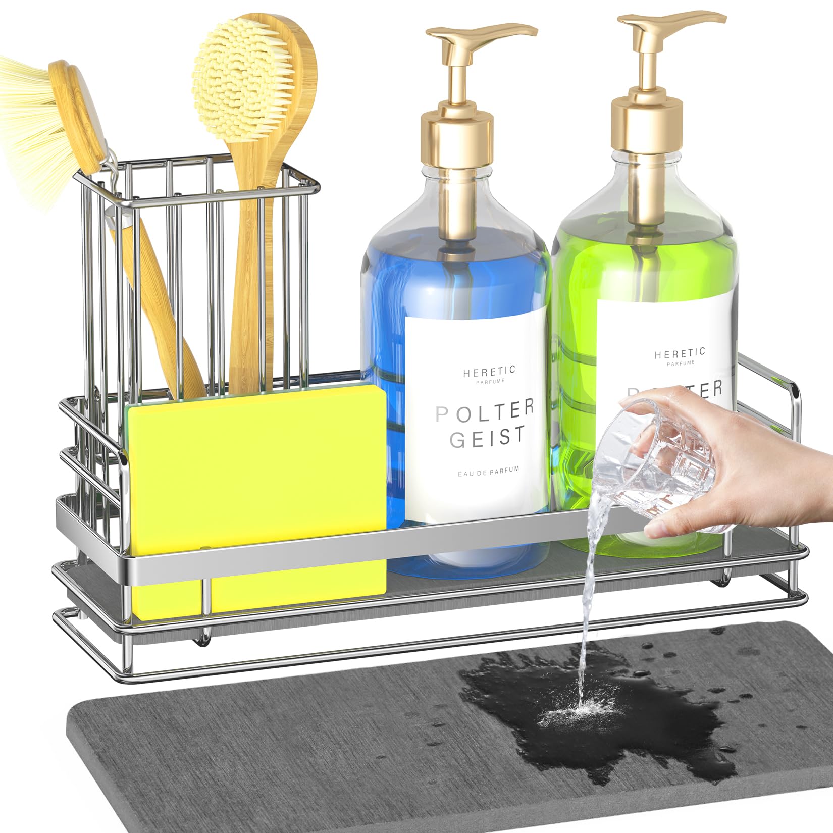 Yofidra Sink Caddy with Stone Drying Tray: Stainless Steel Soap Dispenser Kitchen Sink Organizer Set, Sponge Holder Counter Accessories Decor for Kitchen Organizers and Storage 8.1x3.5x4.5 in Sliver