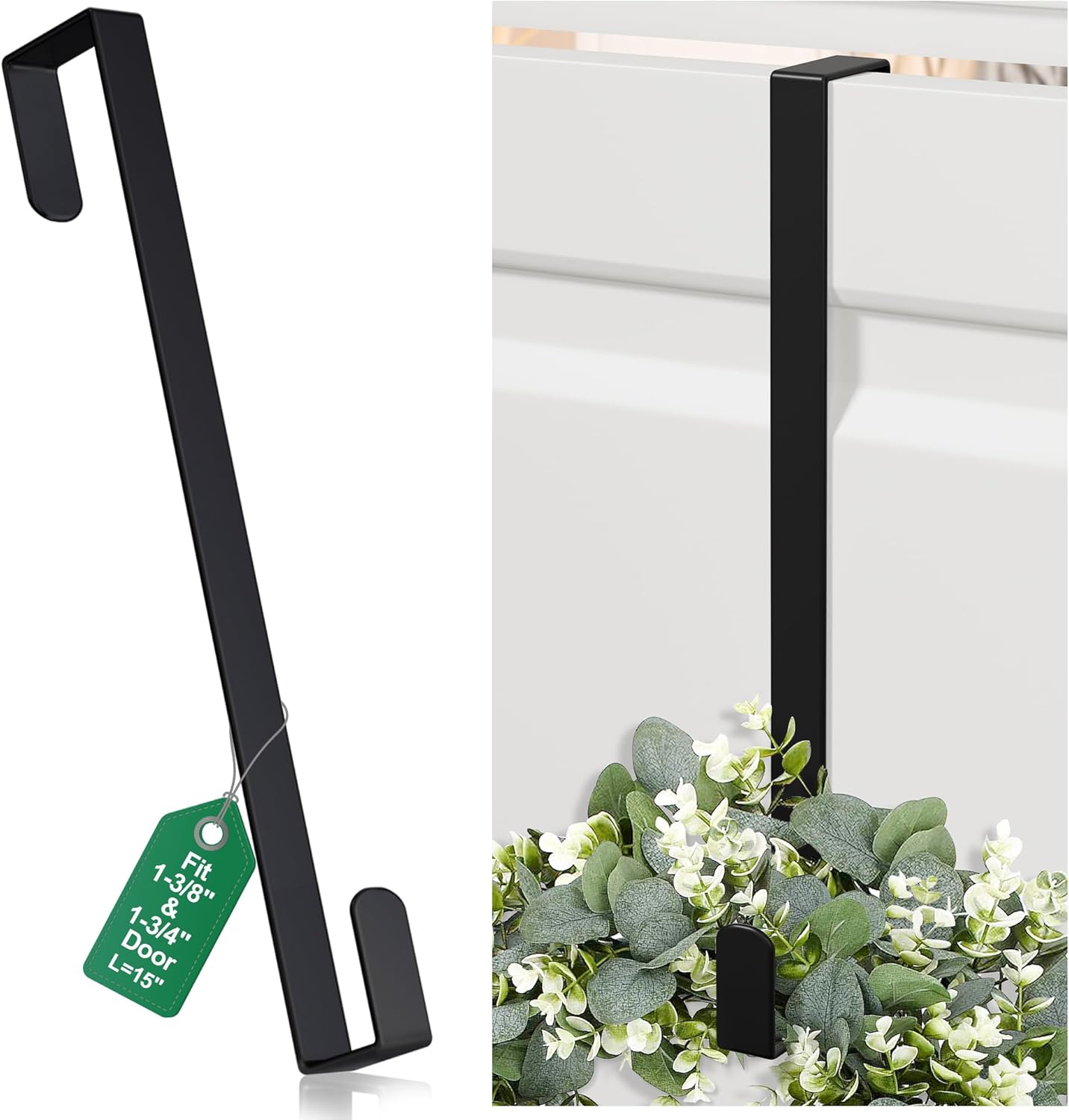 Reversible Wreath Hanger by [Brand Name] - Heavy Duty Steel Over The Door Hook | Fits Most Doors Up to 1-3/4” - Holds 80 LBS for Seasonal Decor (Black, 1 Pack)