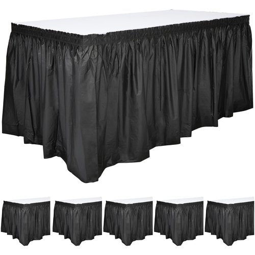 Juvale Plastic Table Skirt - 29 in x 14 Ft, Black, Set of 6, Ruffled - Disposable Rectangular Party Table Skirt with Adhesive Strips & Lightweight for Birthday Parties, Wedding Showers & Events
