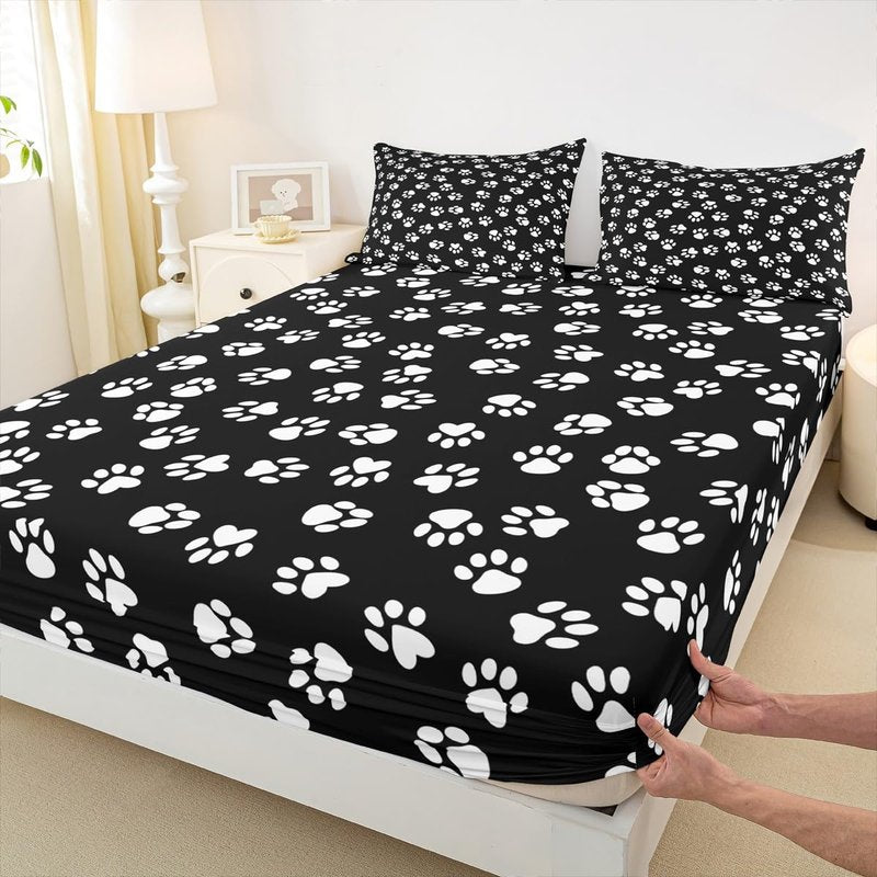 Homewish Dog Paw Print Kids Sheet Queen Size,Kawaii Pet Bedding Set,Boys Girls Adults Bedroom/Xmas/Halloween Decor,Cartoon Animal Black White Simple Bed Sheet Set 4pcs(Fitted + Flat + 2 Pillowcases)