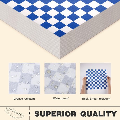 Colarr 1000 Pcs Waxed Paper Sheets Bulk 15 x 15 Inch Large Sandwich Wrapping Papers Checkered Deli Food Basket Liners for Burgers Bread Restaurant Barbecue Picnic(Dark Blue)