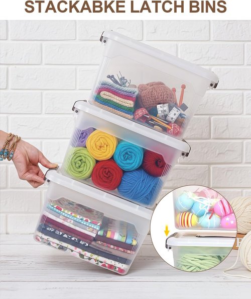 Citylife 6 QT Clear Plastic Storage Bins with Lids - Stackable Organizing Containers | 4 Packs with Grey Handles