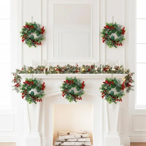 Daifunli Mini Wreaths - 8 Inch Christmas Candle Rings with Red Berries & Eucalyptus | Perfect for Home Decor