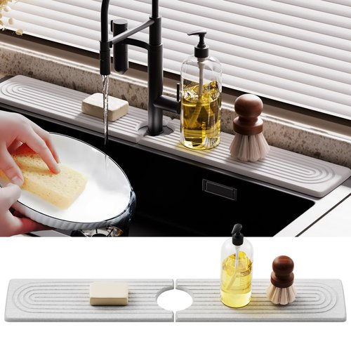 Slow Slog Quick Dry Sink Splash Guard - Extended 23.6" Instant Dry Stone Sink Tray for Kitchen and Bathroom Faucets - Durable Diatomaceous Earth Faucet Mat for Countertops, White