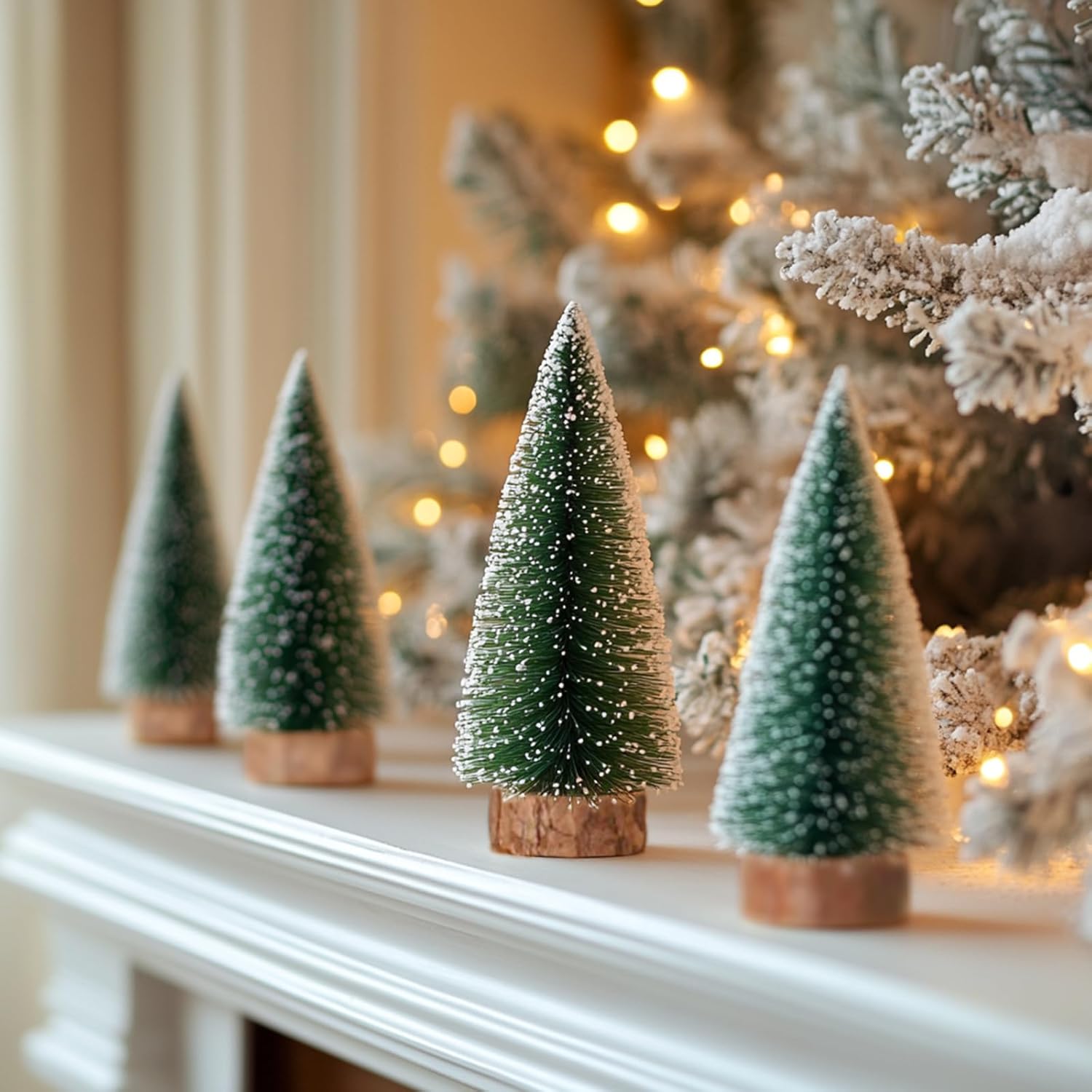 Skiennix 10-Pack Mini Christmas Tree Bottle Brush Ornaments - 4-Inch Snowy Decor with Wooden Base