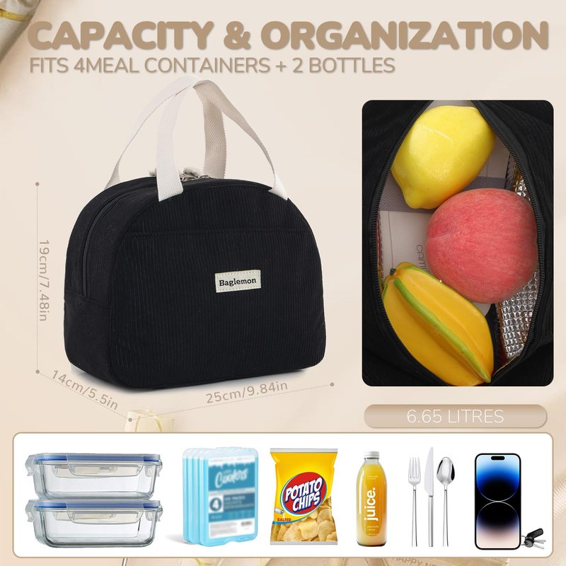 Baglemon Lunch Bag for Women Men Cute Corduroy Lunch Tote Bags Reusable Insulated Lunch Box Large Capacity Reusable Insulated Cooler for Work/Picnic/Travel