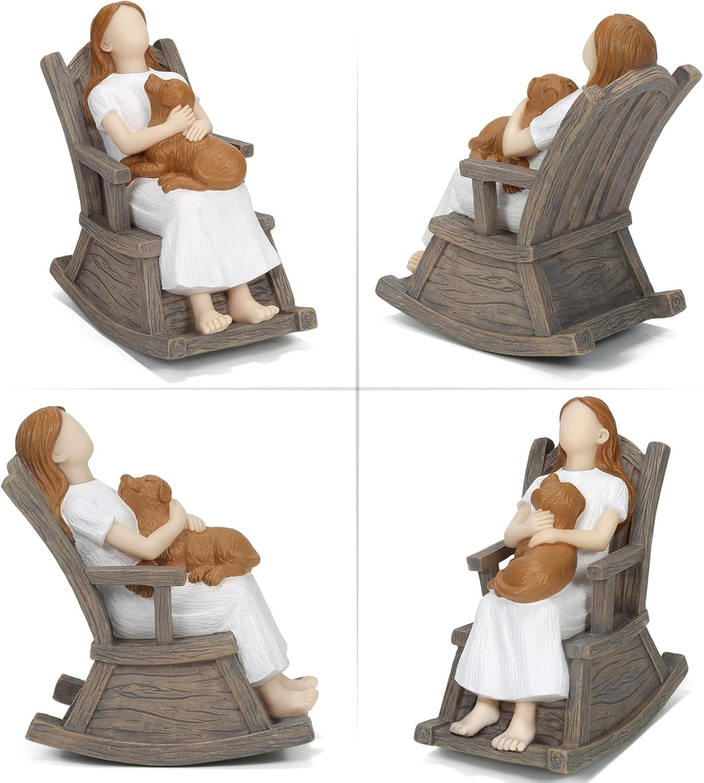 Skiennix Dog Lover Gift - Hand-Painted Figurine of Girl & Loyal Brown Dog on Rocking Chair | Cozy Home Decor Statue