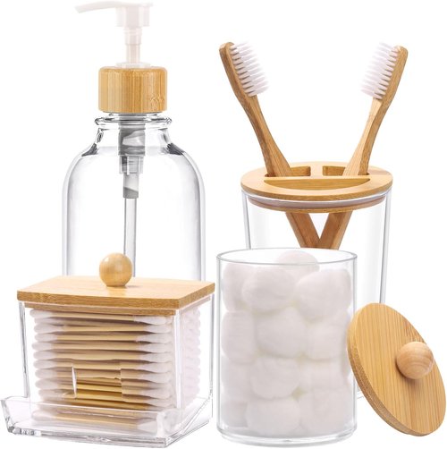 Bamboo Bathroom Accessories Set - 4-Piece Collection with Clear Toothbrush Holder, Soap Dispenser & Qtip Jar