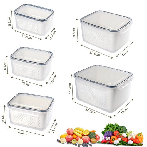 Aagglly 15 PCS Fruit Storage Containers for Fridge with 5 Airtight Lids,5 Removable Colander,5 Food Storage Container,Produce Saver Container Dishwasher Safe Keep Berry Fruit Vegetable Fresh Longer