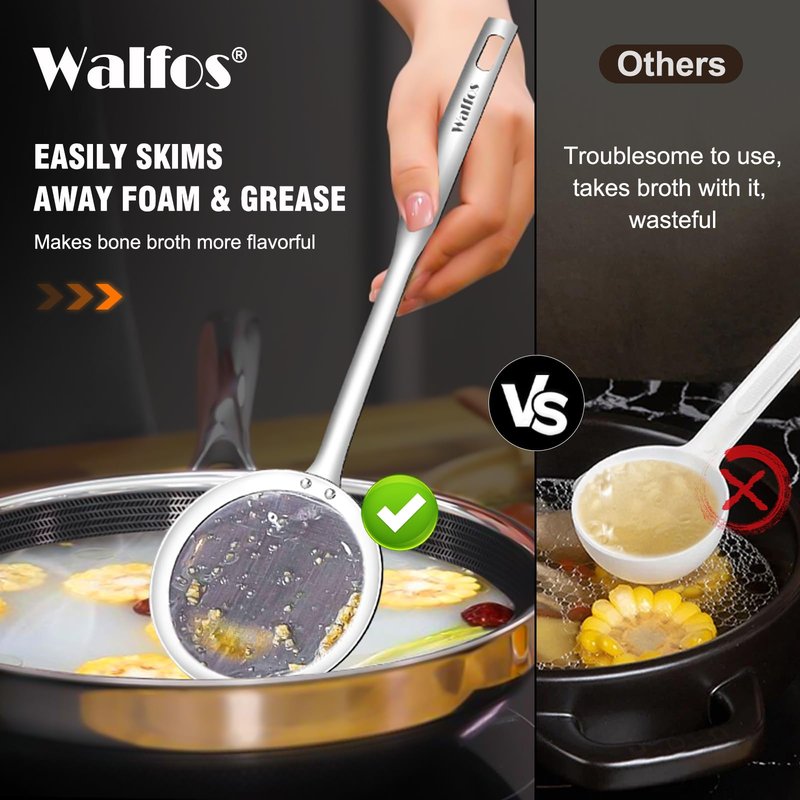 Walfos Fat Skimmer Spoon, 304 Stainless Steel Fat skimmer For Cooking, 3", 4" & 5 inch fine mesh skimmer, Food Strainer Fit For Separation Of The Floating Foam, Fat, Grease, Set of 3