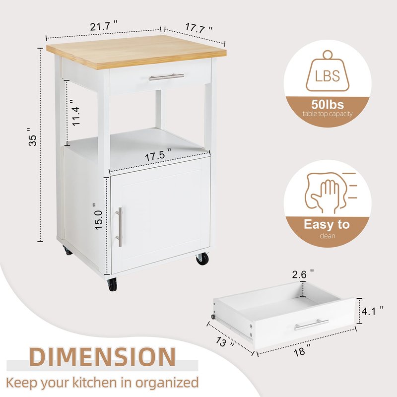 Shintenchi Kitchen Island Cart with Storage,Rolling Side Table on Wheels with Worktop,Single Door Cabinet and Drawer for Dinning Room, White
