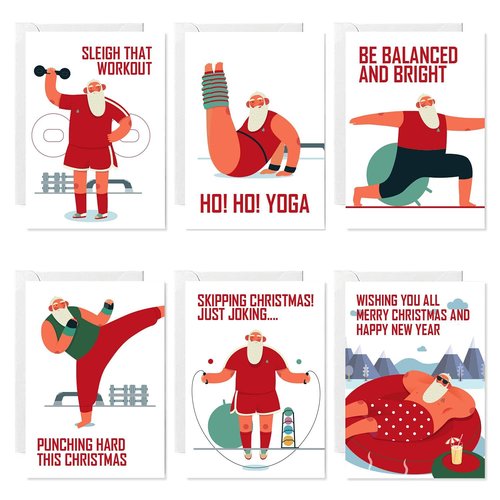 easykart labels 120 Funny Christmas for Adults- Cartoon Xmas Humor, Holiday Boxed Greeting Cards with Envelope, 5.5 x 4 Inch, Santa Yoga Cards