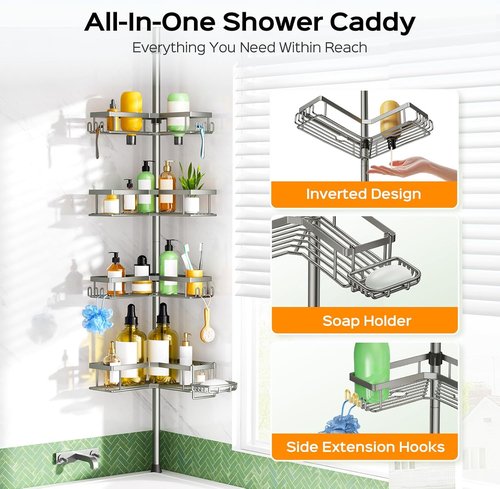 HAMITOR Shower Caddy - 4-Tier Rustproof Bathroom Organizer with Soap Holder | Adjustable No-Drill Design for Small Spaces - 47-123 Inch