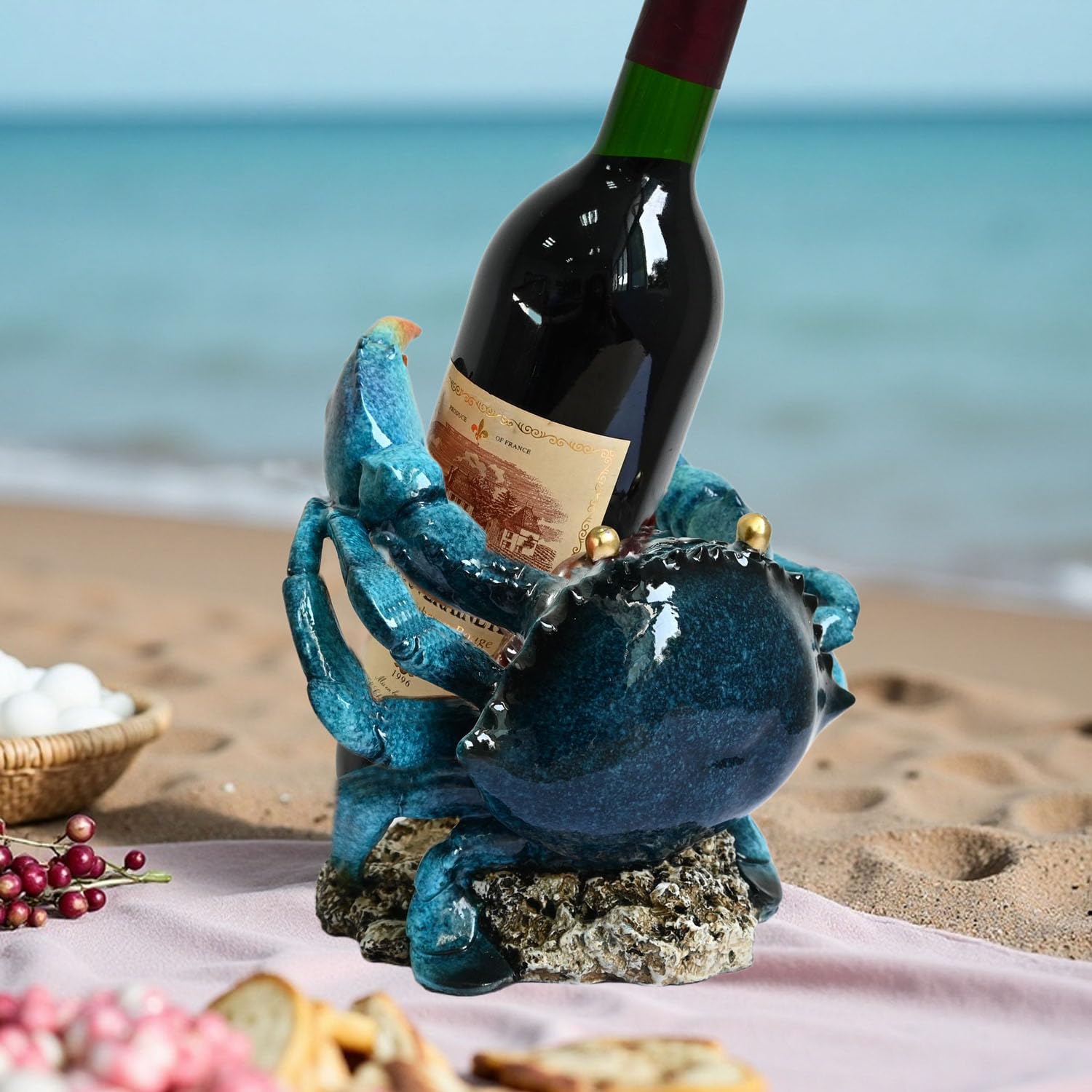 Juliahestia Modern Crab Wine Bottle Holder Countertop Coastal Beach Themed Home Decor Nautical Rack for Kitchen Living Room Bedroom Office Decorations - Gift for Ocean Lovers