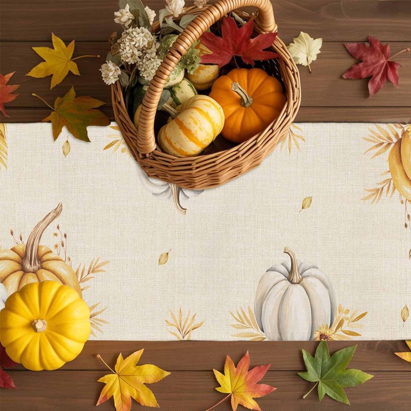 Fall Pumpkins Table Runner - 90 Inch Long, Grey Golden-yellow Pumpkin Thanksgiving Dining Table Runner Dresser Scarves, Maple Leaf Farm Harvest Decor for Coffee Table Wedding Party Banquet, 13x90 in