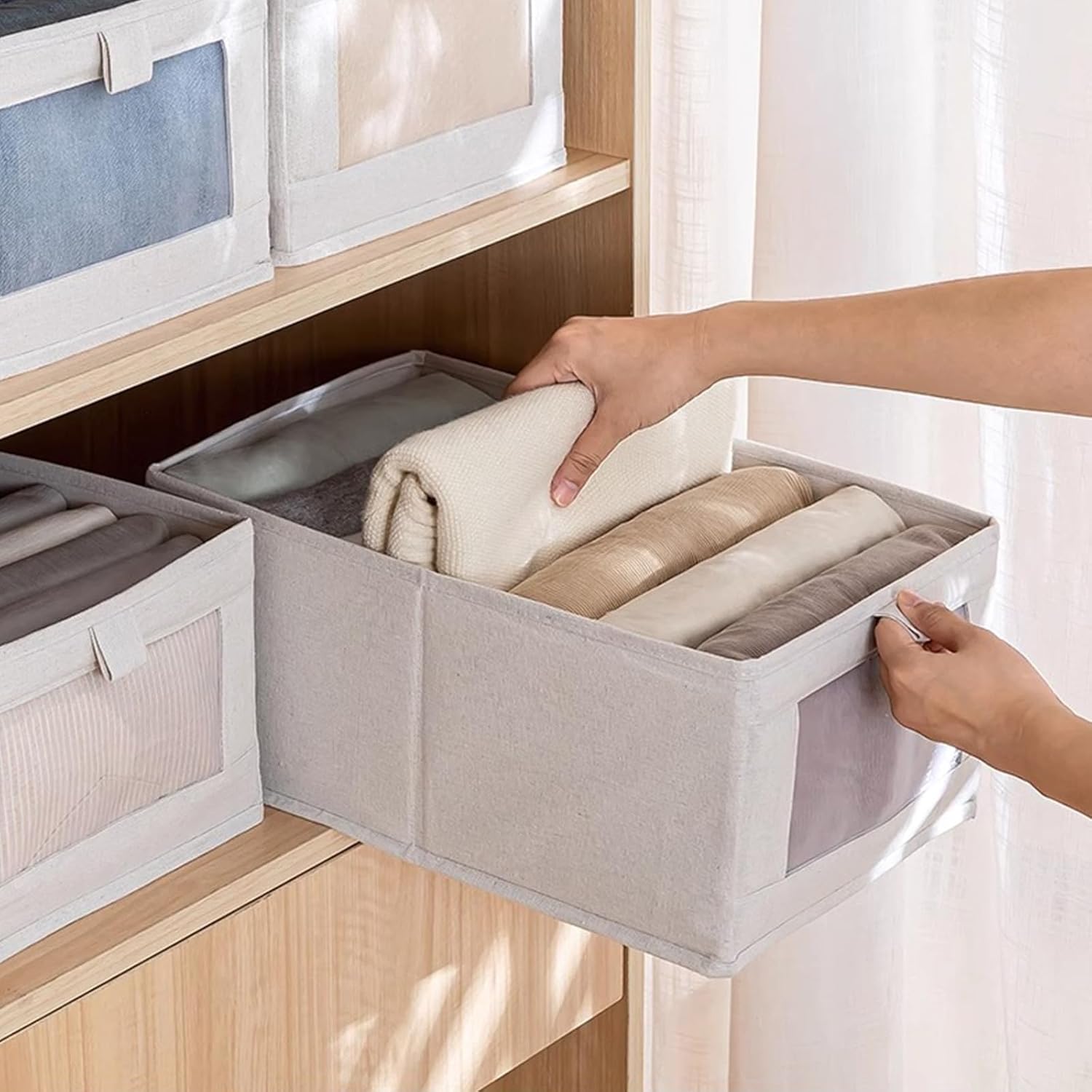 **Skiennix Linen Closet Organizers - 6 Pack Foldable Storage Bins with Clear Window for Clothing**