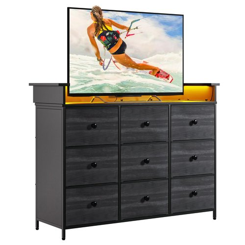 Nicehill 9 Drawer Dresser for Bedroom, TV Stand for Bedroom, Black Dresser with LED Light, Fabric Chests of Drawers for Hallway Entryway (Black Wood Grian)