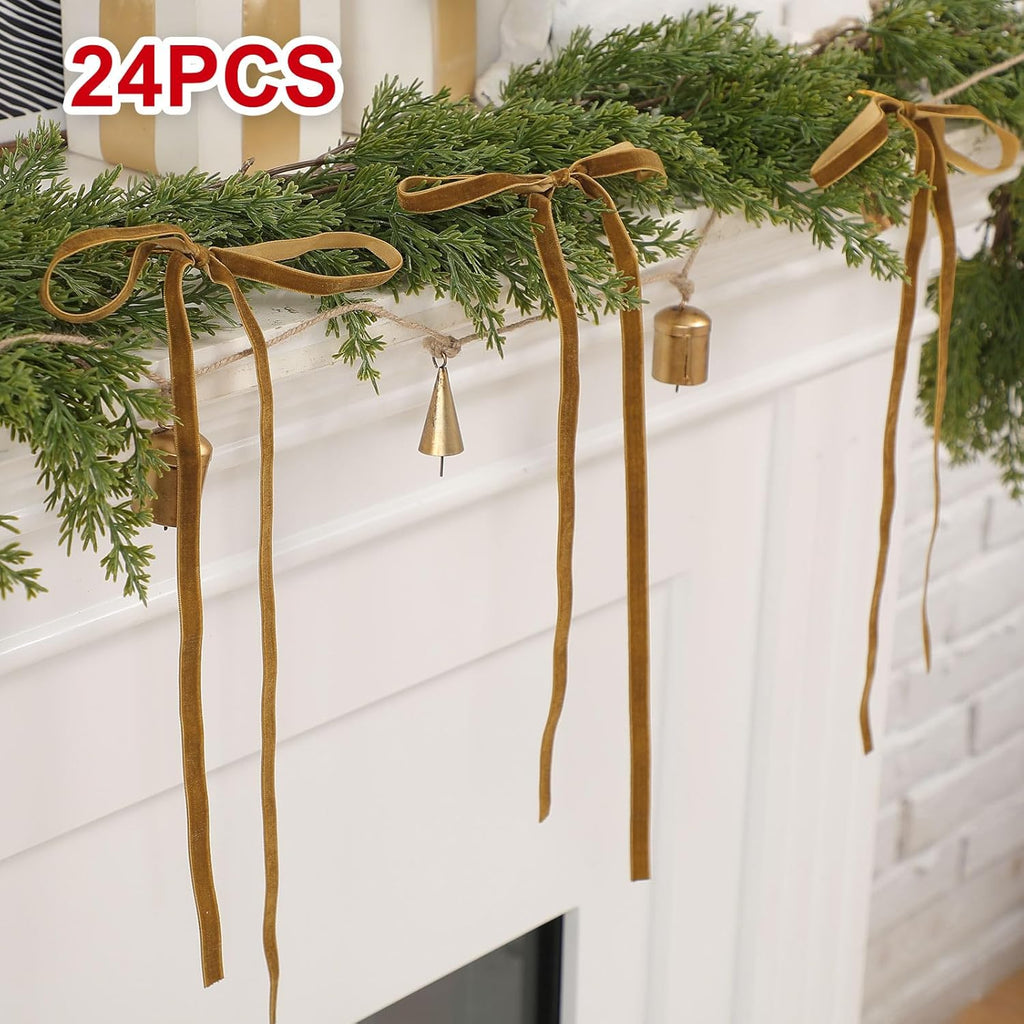 Skiennix 24 Pcs Velvet Bows - Vintage Ribbon Bows for Christmas Tree & Crafts | Khaki, 9 x 13 Inch
