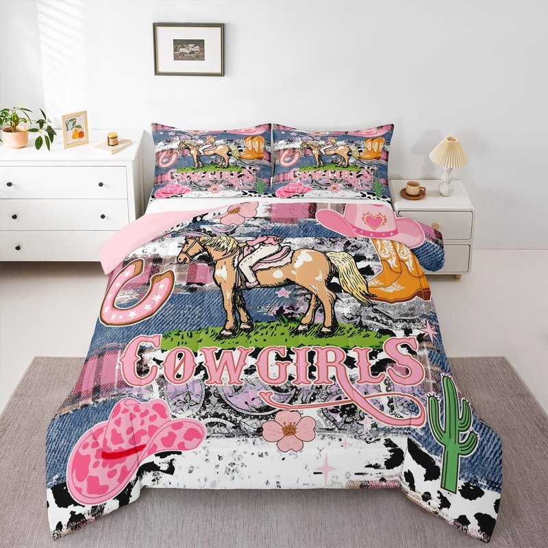 Western Cowgirls Bedding Set Twin Size,Kids Pink Leopard Checkered Comforter Set for Girls Woman Boys Room Decor American Southwest Rustic Quilt Set Pink Graffiti Duvet Insert,1 Pillowcase