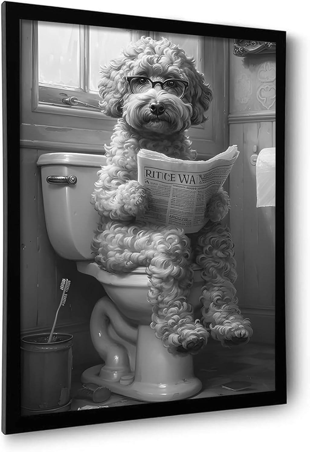 OIQArt Funny Bathroom Wall Art - Black and White Teddy Dog Canvas Print | Humorous Decor for Restroom