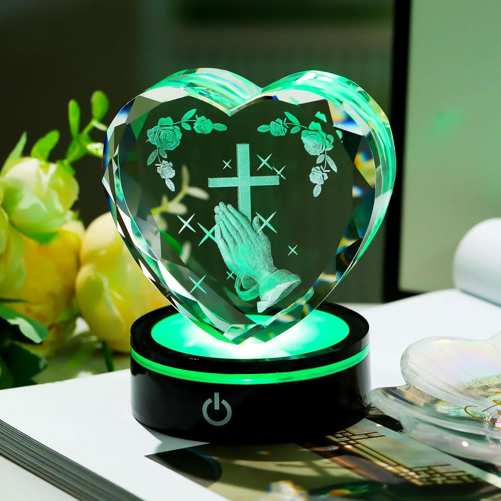 Ornalrist Crystal Heart 3D Praying Hands | Colorful LED Base Night Light Gift for Christians