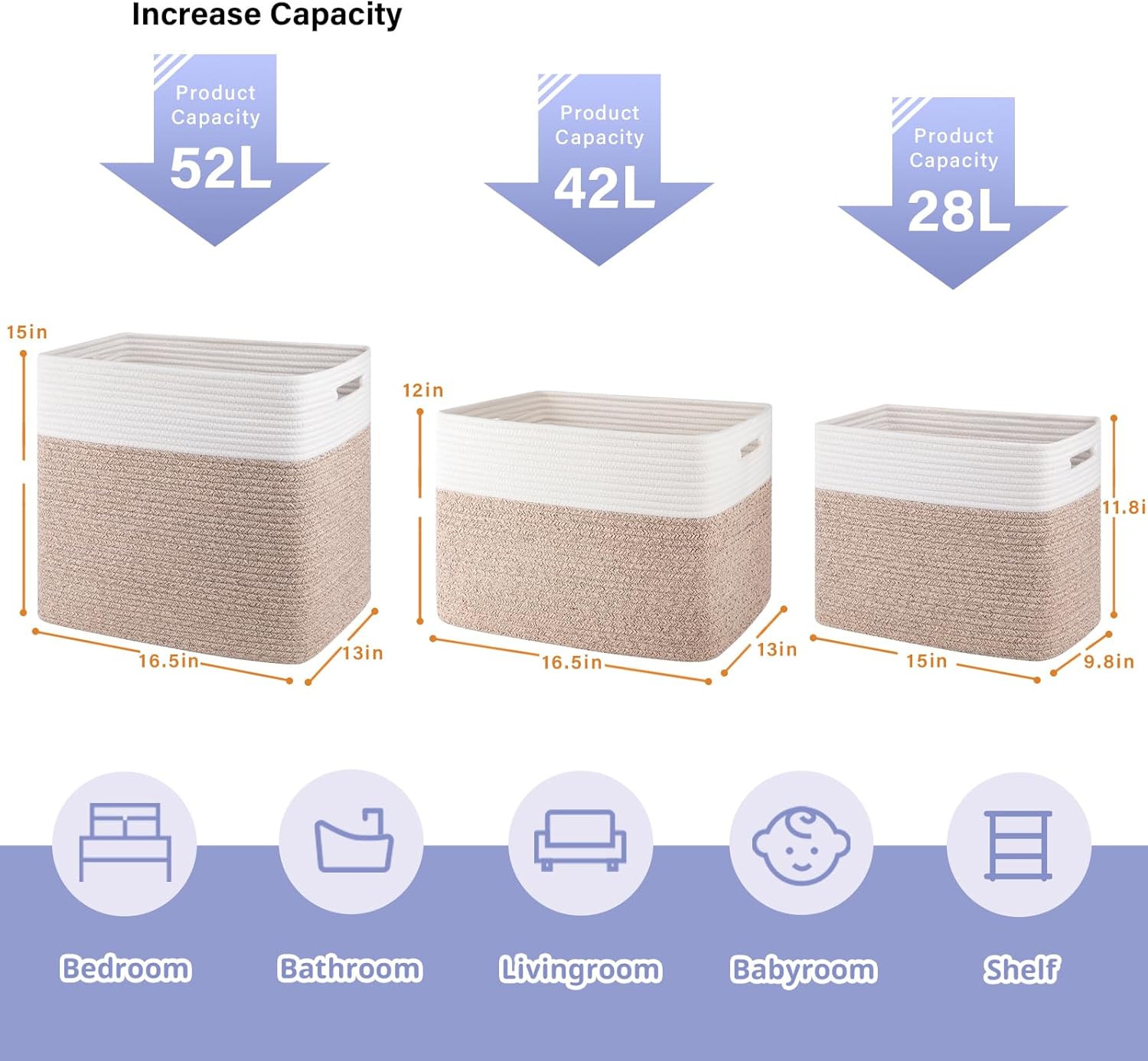 OIAHOMY Large Collapsible Storage Baskets - Versatile Blanket Bins for Living Room | 16.5 x 13 x 15 Inches - Pack of 2 - Brown